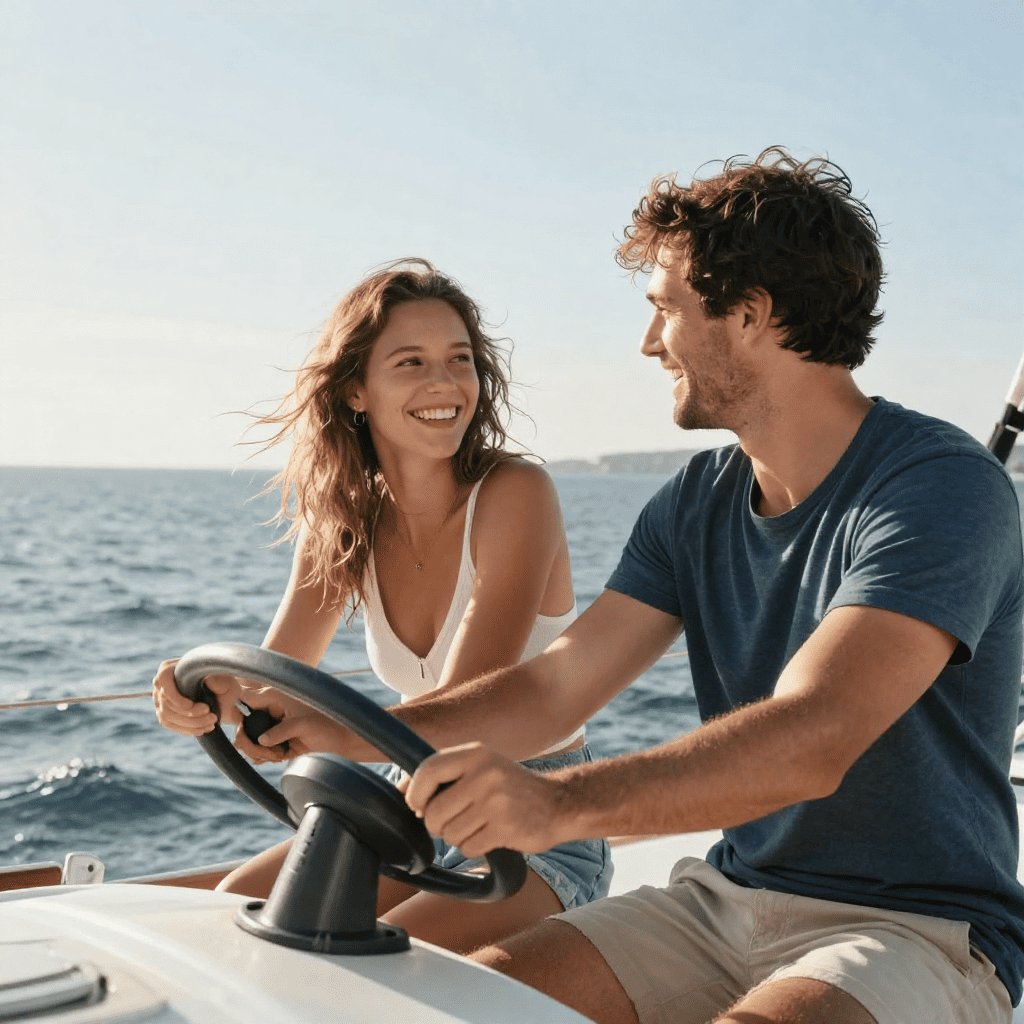couple heureux navigue sur bateau