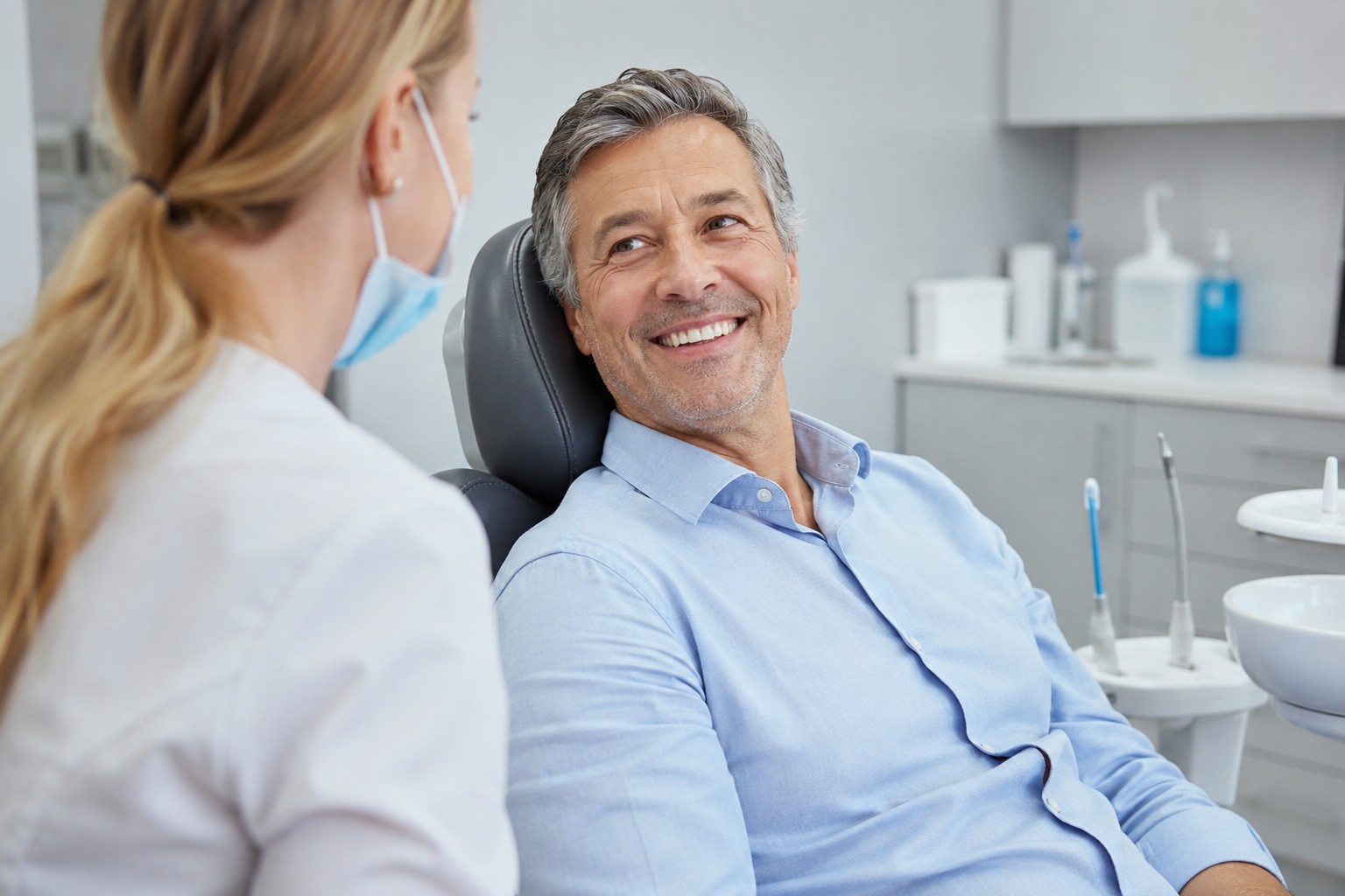 Homme chez le dentiste sourit