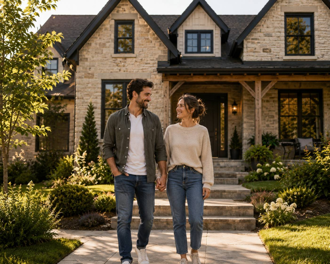 Couple souriant devant maison