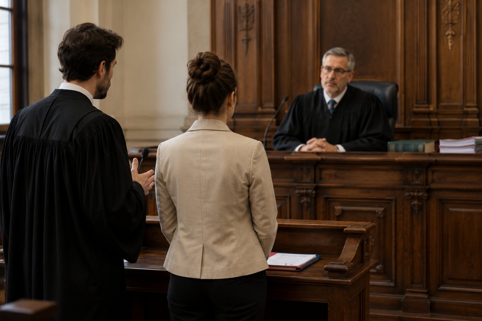 Femme Avec Avocat Devant Juge Tribunal