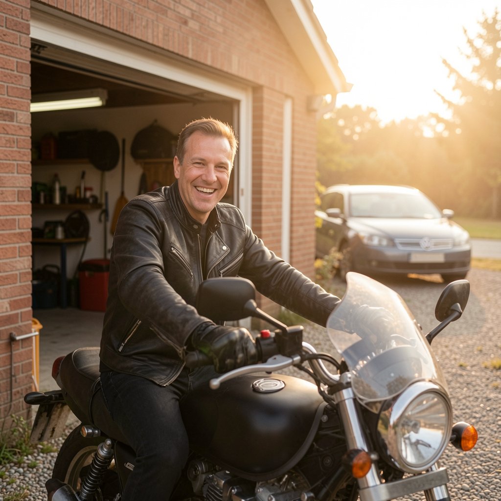 Homme Moto Devant Garage